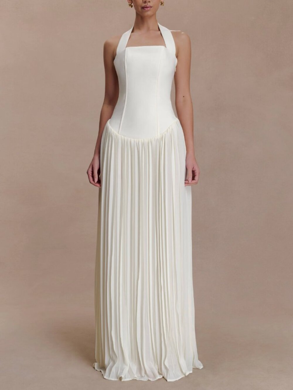 Meshki Stacie Pleated Halter Maxi Dress in Ivory Size XXS Bridal Wedding Bride
